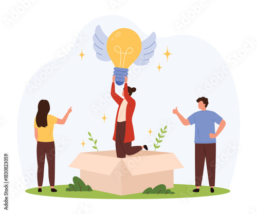 Three people collaborate as one emerges from a box holding a glowing winged lightbulb, symbolizing breakthrough thinking, inspiration, and teamwork in a flat isolated vector illustration