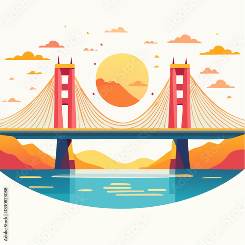Vibrant Golden Gate Bridge Silhouette at Sunset with Orange and Yellow Hues Reflecting on Calm Water