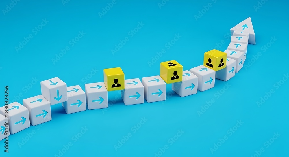 Obraz premium Wooden blocks with human icons arranged in an upward trend line against a bright blue background