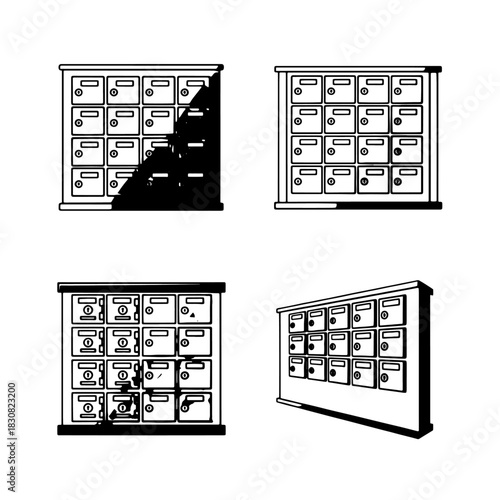 Four black and white illustrations of storage lockers, various perspectives.