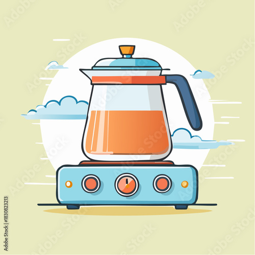 Retro Electric Kettle With Orange Liquid Heating On A Blue Hot Plate With Clouds In The Background And Yellow Backdrop