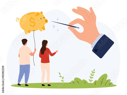 Man and woman holding balloon piggy bank threatened by large hand with needle, symbolizing financial instability, economic uncertainty, and inflation risk isolated vector illustration
