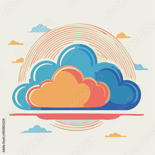 Stylized Digital Art Representing Clouds With Orange and Blue Hues Under a Retro Sunburst Design