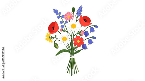Beautifully Illustrated Bouquet of Wildflowers in Full Bloom, Isolated on White Background