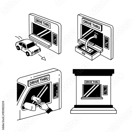 Illustrations depicting the process of a drive-thru restaurant, showing car interaction and service.