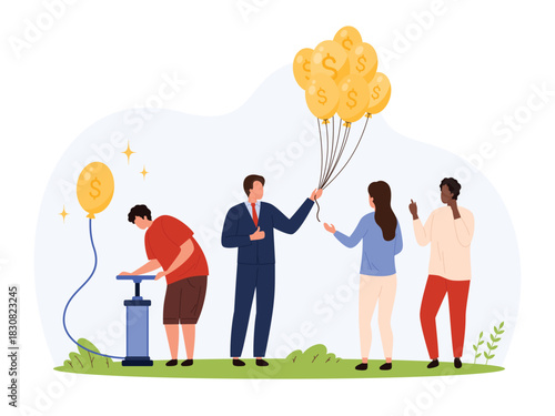 Businessman offers dollar balloons to people while another inflates them, symbolizing inflation, financial fraud, and economic deception in a modern flat isolated vector illustration
