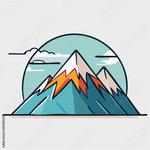 Stylized Snowy Mountain Peak Under a Teal Sun With Fiery Orange and Yellow Accents In A Clean Flat Illustration Design