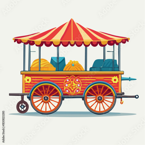 Vintage Food Cart With Red And Yellow Striped Canopy Filled With Snacks And Produce On Light Background