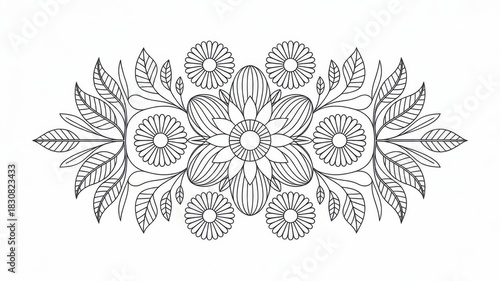 Detailed floral mandala for adult coloring. Thin line illustration with elegant symmetrical flowers and leaves. Black and white anti-stress coloring page for relaxation, mindfulness and creative thera