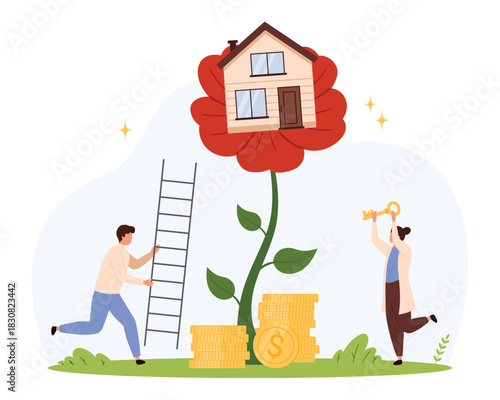 Concept of real estate investment with tiny people, house on flower, coins, ladder, and key representing funding, property growth, and financial opportunity isolated vector illustration