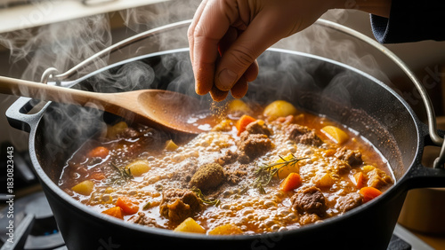 Close up of a hand sprinkling spices into a steaming pot of hearty stew with vegetables and meat being stirred with a wooden spoon