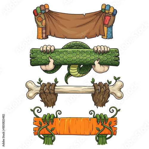 Four distinct fantasy-themed banners held by monstrous hands, featuring a patchwork cloth, a snake, a bone, and a wooden plank with vines.