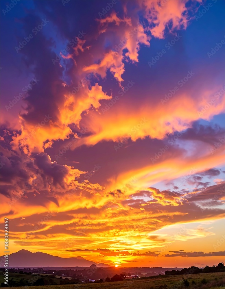 Obraz premium Dramatic sunset over the landscape with colorful clouds and mountains.
