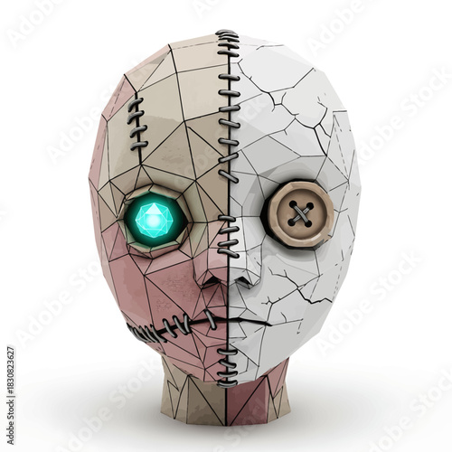 A conceptual image of a doll head split in half, one side stitched with a glowing green eye and the other cracked with a button eye, representing duality and artificiality.