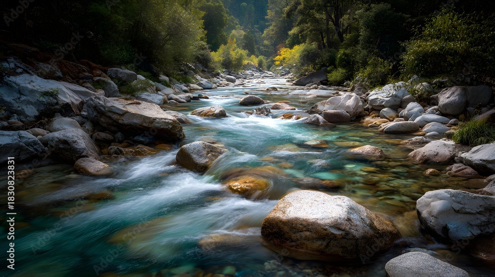 Fototapeta premium A flowing river winding between smooth stones and vibrant greenery capturing movement harmony and the ever-changing nature of living ecosystems 
