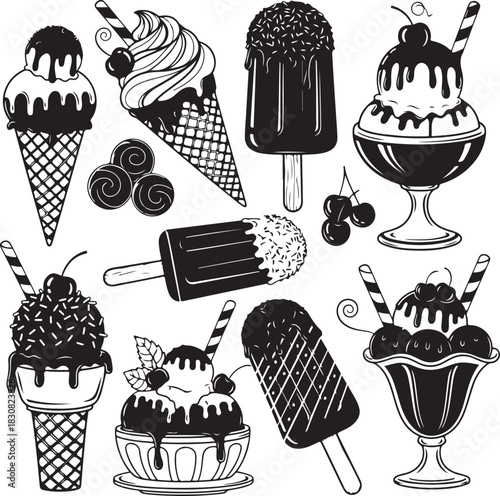 Black and White Ice Cream Collection Illustration Design