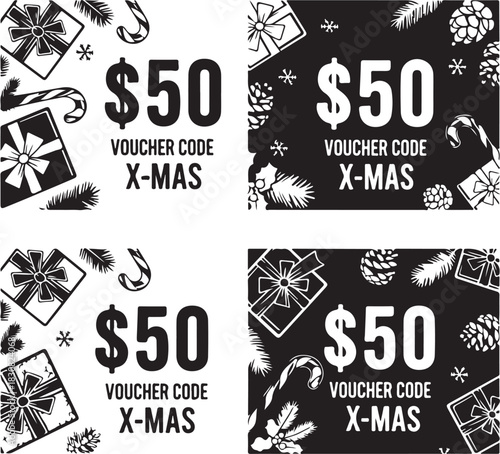 Christmas fifty dollar voucher designs in black and white