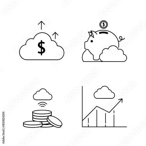 Financial concepts depicted with clouds, money, and a piggy bank.