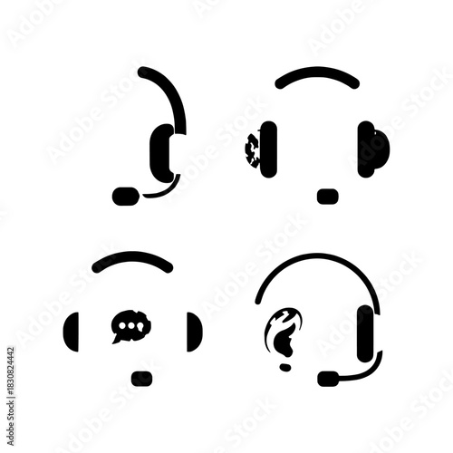 Four headset icons in black, each with a slightly different design, on a white background.