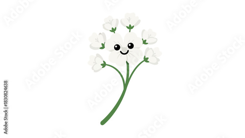Smiling Animated White Flower on a Green Stem Cute Cartoon Botanical Illustration
