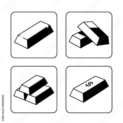 Simple black and white illustrations of gold bars in various arrangements, representing wealth.