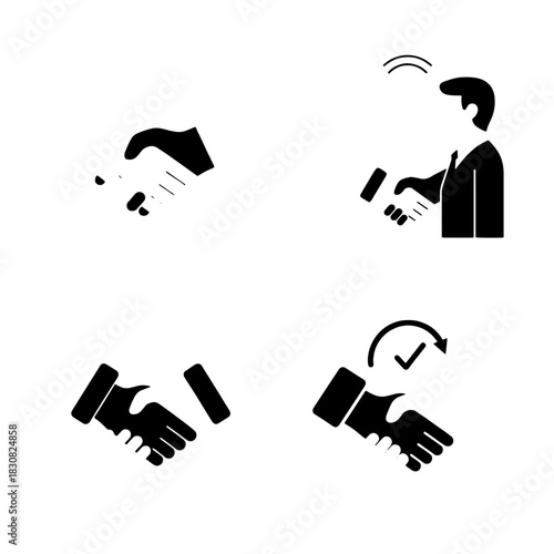 Four black and white icons depicting various handshakes, illustrating agreement and collaboration.