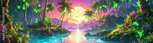 Enchanting surreal ecosystem featuring vibrant flora, bioluminescent water, and magical full moon glow.