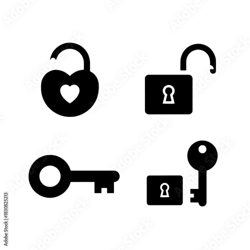 Black and white icons of locks and keys, symbolizing security and access.