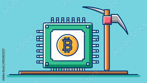 Bitcoin Coin on a Chip Being Mined With a Pickaxe Icon