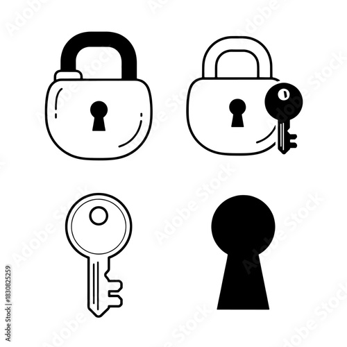 Illustration showing two padlocks, one open and one locked with a key, along with a separate key and keyhole.