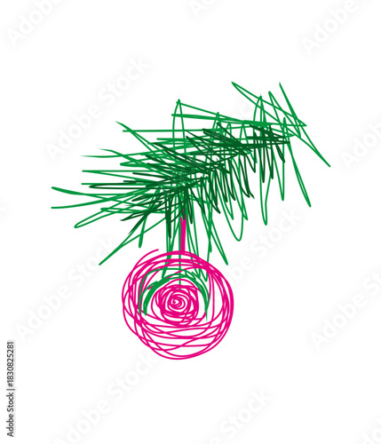 Christmas tree branch with a toy - a child's drawing, isolated. New Year and Christmas - element for a postcard