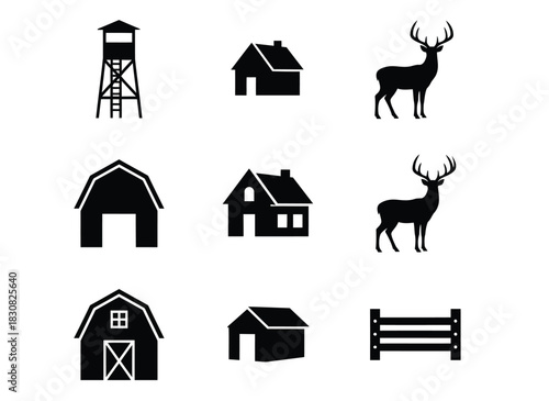 Set of black silhouette icons for farm and hunting
