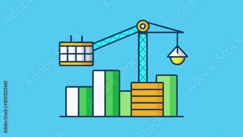 A construction crane over a collection of building illustrations