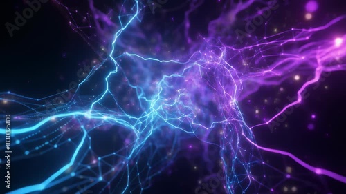 Dynamic abstract network of glowing blue and purple energy lines with sparkling particles on a dark background, illustrating digital connections or neural pathways.