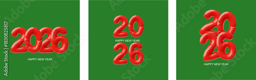 A set of 3D posters with inflatable red numbers 2026 on a green background.
