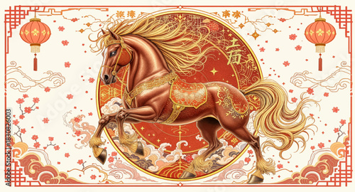 Ornate bronze-red horse with lanterns in festive oriental frame. Elegant zodiac horse in glowing red and gold Chinese motif. Luxurious Lunar horse artwork with swirling cloud detailing