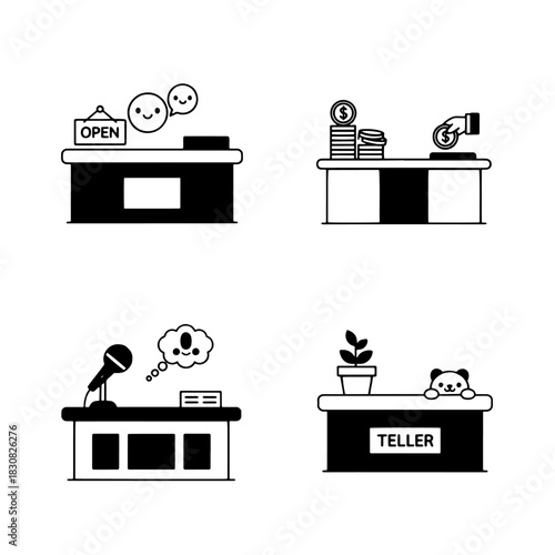 Four black and white illustrations of different service counters, depicting various scenarios.