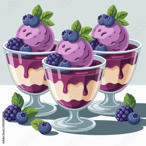 Three delicious berry ice cream sundaes with fresh fruit and mint garnish