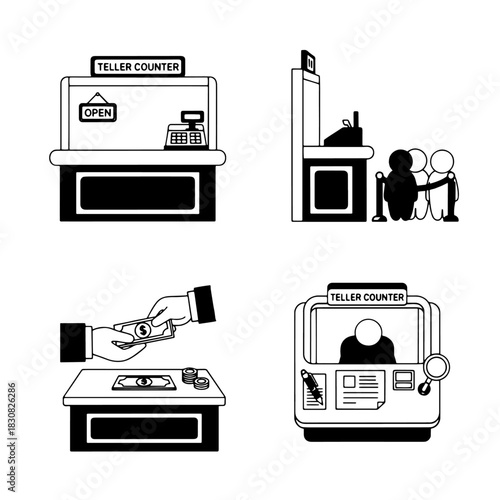 Illustrations depicting bank teller counters, transactions, and people in a queue.