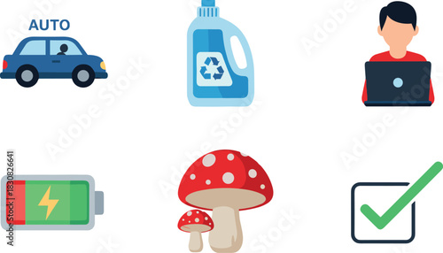 Set of icons: car, cleaner, person with laptop, battery, mushroom, checkmark