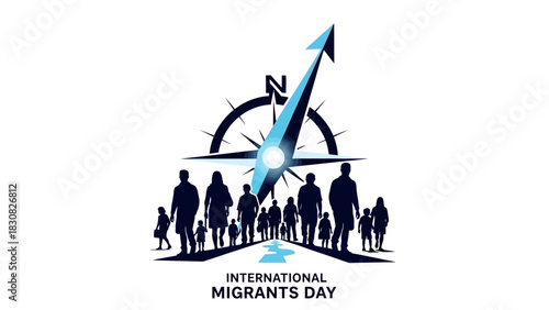 Graphic illustration of diverse silhouetted people standing together beneath a compass on International Migrants Day, against a clean white background with a mix of dark and light blue