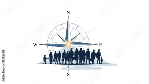 Silhouette of a diverse group of people standing in front of a large compass on a white background with directional navigation elements.