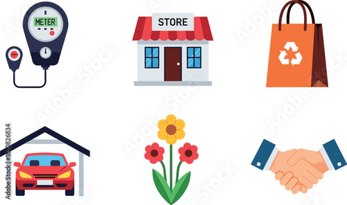 Collection of Six Flat Icons Representing Business and Lifestyle