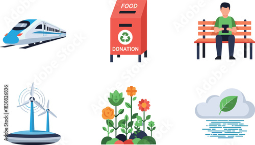 Set of icons for transportation, donation, leisure, nature, and environment