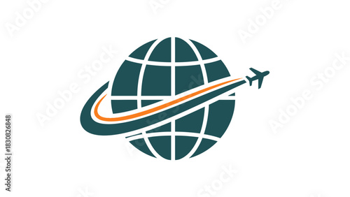 Logo of a stylized airplane flying around a globe with a grid pattern on a white background.