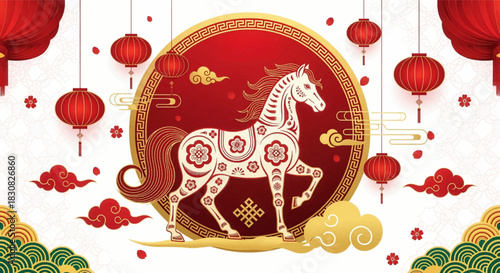 Elegant white zodiac horse framed by red lanterns and clouds. Festive Lunar horse art with gold accents and classic patterns. Decorative oriental horse surrounded by lanterns and blossoms
