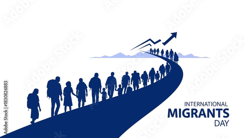 Illustration of a group of people walking along a road in a line with a mountain and airplane in the background celebrating International Migrants Day.