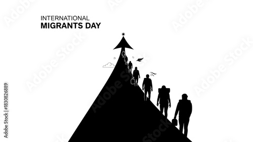 Silhouette of people walking up a pyramid with a bird flying away, on a white background, for International Migrants Day, conveying a sense of movement and freedom.