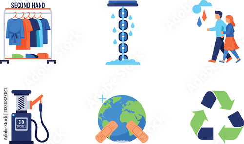 Sustainable lifestyle icons: recycling, eco-friendly transport, and second-hand clothing.