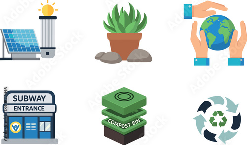 Eco-friendly concepts: solar energy, plant, Earth, subway, compost, recycle